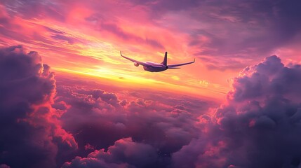 Scenic view of an airplane flying amidst luminous sunset colors