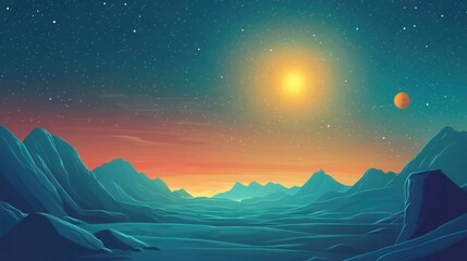 Alien Planet Mountain Range Sunset Starry Sky