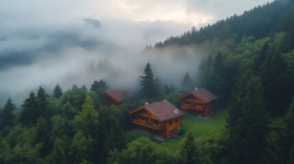 Obraz premium Wooden mountain chalets emerging from the morning mist in the french alps