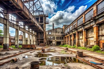 Fototapeta premium Abandoned industrial site with rusty machinery and crumbling concrete, steel, abandonment, decay