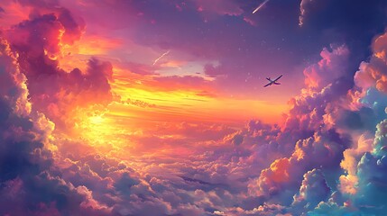 Glowing sunset horizon with an airplane soaring through colorful clouds