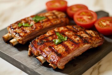 Savoring the delicious taste of grilled ribs served with fresh tomatoes