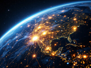 Obraz premium From space beautiful sunrise with clouds and city lights on Earth