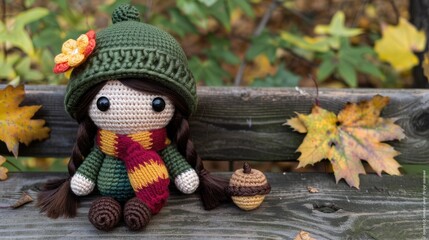 Fototapeta premium A cute autumn amigurumi girl wearing an olive green hat with a flower and leaves