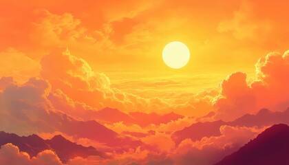 Fototapeta premium Sunny Summer Skies With An Orange Hue And Clouds In The Hot Weather - Energetic And Vibrant Atmosphere In The Air