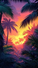 Naklejka premium Swaying palm trees against a vibrant sunset sky