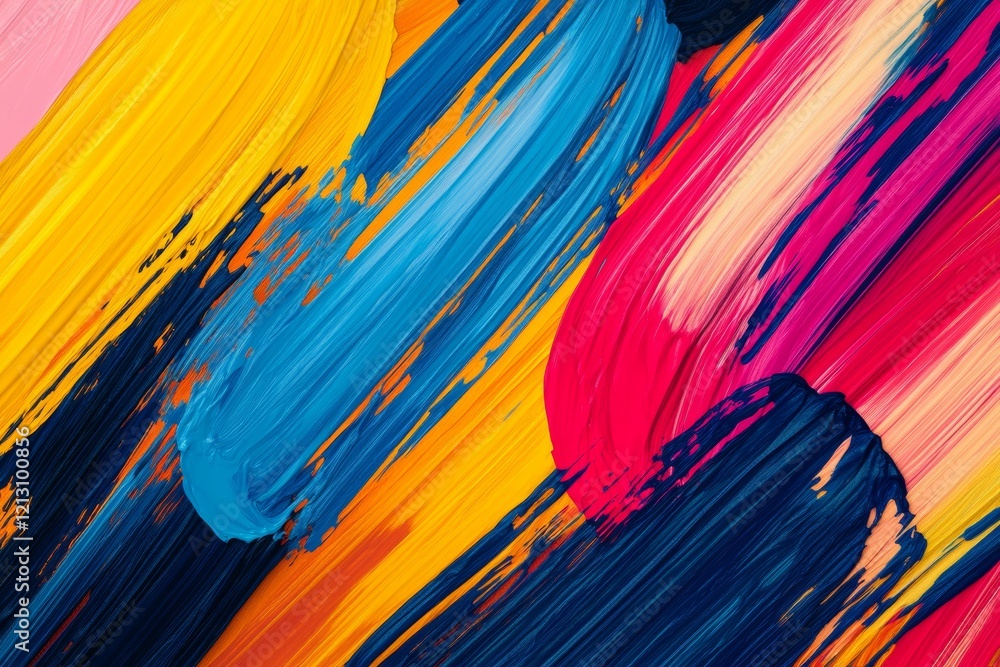 Poster bright primary colors overlap in an energetic display of abstract brushstrokes, showcasing a blend o