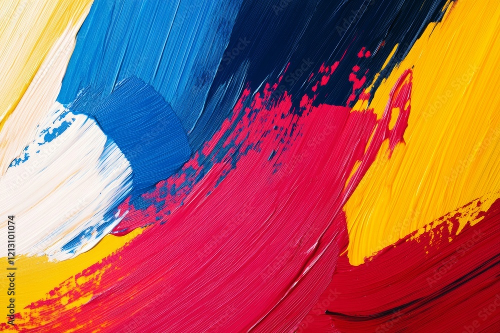 Poster vivid primary colors blend together in an abstract form, showcasing dynamic brushstrokes. the textur
