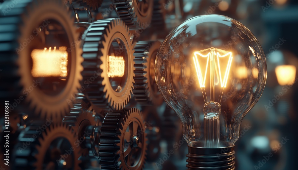 Aufkleber light bulb and gears render: a creative visualization of innovation and insight on a white backgroun