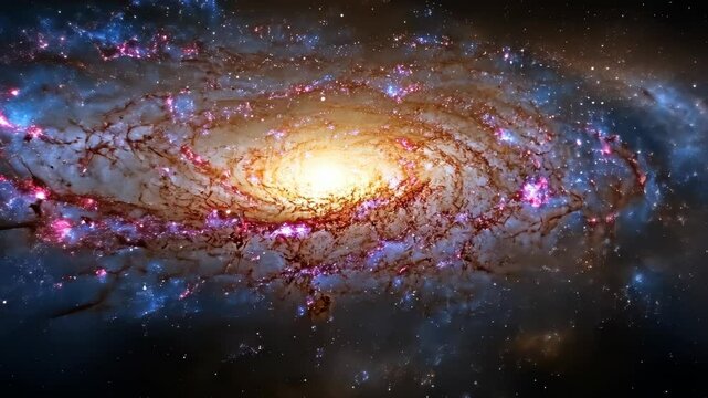 Spiral galaxy glowing amidst cosmic stars and nebulae in motion across the universe