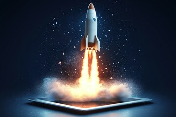 Fototapeta premium Rocket launching from a tablet pc, smoke and fire, business startup