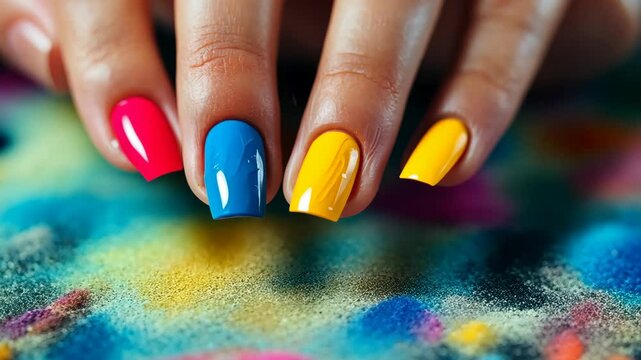 Vibrant nail art progression on colorful canvas with dynamic hand movement
