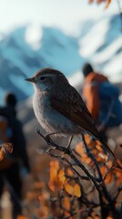Serene bird on a branch with hiking figures in the background