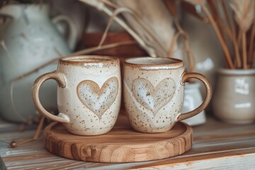 Two ceramic heart-decorated mugs on wooden tray in cozy rustic setting