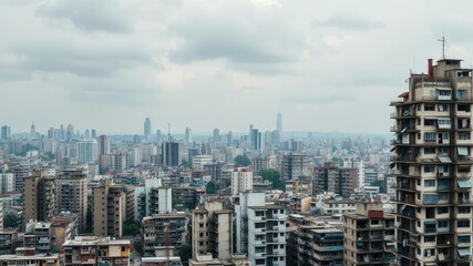 Obraz premium Aerial view of a cityscape showing a stark contrast between luxurious high-rise buildings and dilapidated slums, disparity, contrast