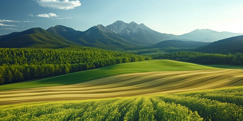 Fototapeta premium Krajobraz pola z pofałdowaną powierzchnią, widoczne góry 