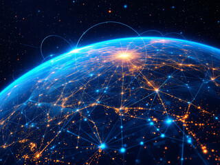 From space beautiful sunrise with clouds and city lights on Earth