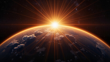 Obraz premium Sunrise over planet Earth with radiant beams in space