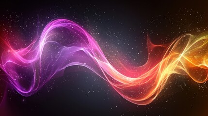 Colorful energy wave flowing in dark space with sparkling particles.
