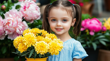 young girl among vibrant spring flowers, highlighting innocence and nature's beauty. 

