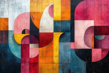 geometric abstract artwork featuring elongated figures and expressive shapes blending retro and contemporary styles in a visually engaging composition