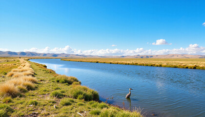 Obraz premium Crane wading in calm river against blue sky and mountains