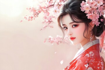 Fototapeta premium Beautiful asian woman wearing traditional kimono with cherry blossoms