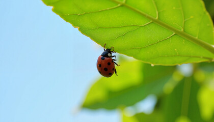 Naklejka premium Ladybug crawling on green leaf