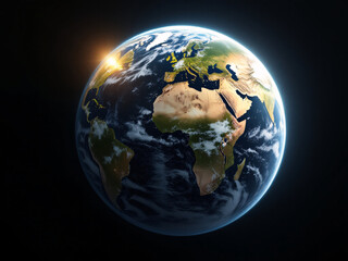 Fototapeta premium Globe, Earth, Africa, Europe, Asia, oceans, blue, space, planet, continents, clouds, atmosphere, world, map, satellite, view, geography, land, water, environment, nature, sphere, international, global