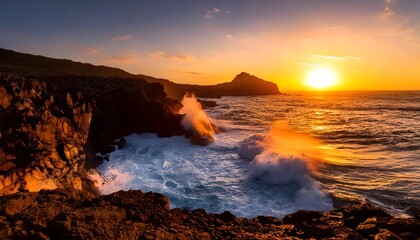 Dramatic Seascape at Sunset with Crashing Waves and Golden Horizon