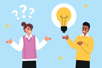 The two people finds new ideas, strives for development, and works together to achieve goals. Conducts a brainstorming session