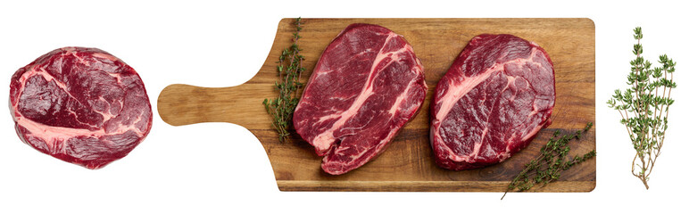 Raw beef steak chuck eye roll on wooden board