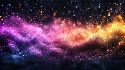 Fototapeta premium Colorful glitter wave on dark background with sparkling bokeh.