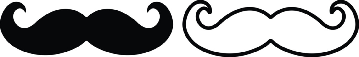 Mustache Black silhouette icon in flat line set. Symbol of Father day man mustaches Vector for apps or website Moustache for men face whisker tendril isolated on transparent background.