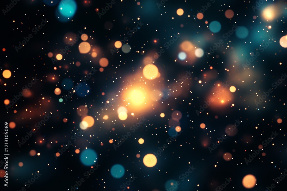 Poster floating particles illuminate a dark expanse, creating a mystical atmosphere filled with vibrant col