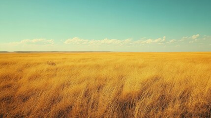 Obraz premium Golden grassland sways beneath clear blue sky; tranquil rural scenic, agriculture, countryside vista, travel, summertime, stylized color palette.