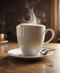 Fototapeta premium A steaming cup of coffee with a generous dollop of creamy milk , savory scent, rich aroma, breakfast fuel