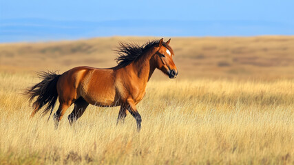 Fototapeta premium Majestic Wild Horse Galloping Through the Golden Grasslands of the Steppe Under the Vast Blue Sky