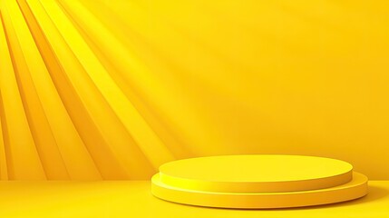 Yellow studio backdrop, product display platform, sunlight rays, minimalist scene, advertising mockup