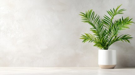 Minimalist palm plant in pot against textured wall. Home decor, interior design