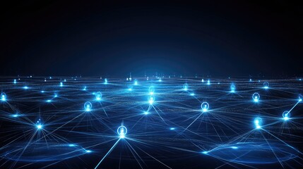 Global Network Connection  Digital nodes illuminate a dark space, showcasing interconnectedness; used for technology and communication presentations