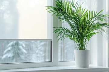 Fototapeta premium Close up of window roller blinds with a houseplant nearby Outside pine trees are visible