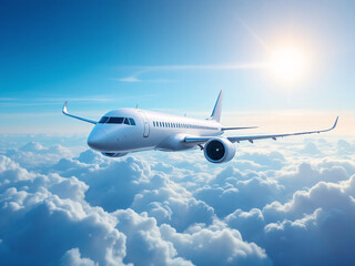 Obraz premium Airplane flying high above fluffy white clouds.