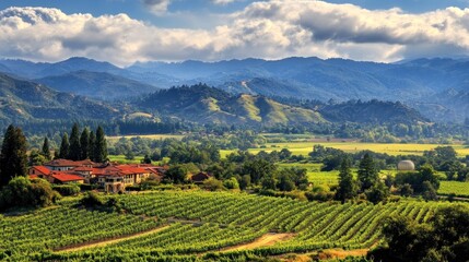 Fototapeta premium Serene Vineyard Landscape with Majestic Mountain Views