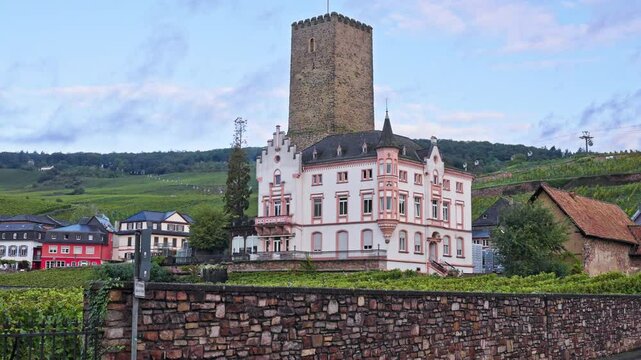 Historic Boosenburg Castle with the surrounding vineyards in R&uuml;desheim am Rhein on the Rhine, Germany