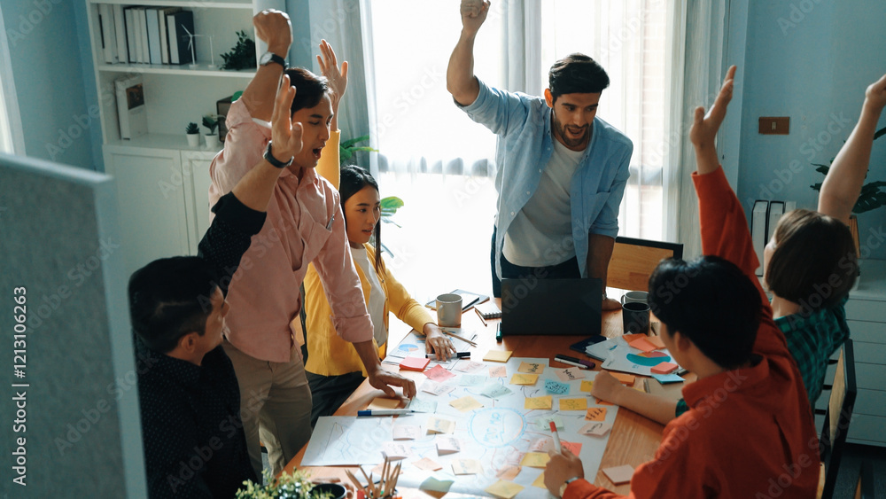 Poster top view of happy creative team putting hands together while drawing mind map. group of diverse peop