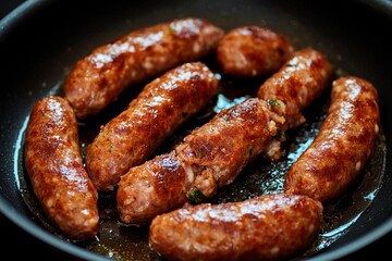 Sizzling sausages cooked to perfection in a skillet during a cozy breakfast moment
