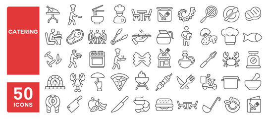 Set of 50 line icons related to catering, chef, food, kitchen, restaurant, dining, table, cooking, knife, fork, plate, cutlery, waiter, Editable stroke. Vector illustration