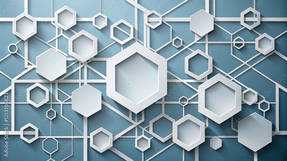 Poster a stylized abstract design featuring interconnected white geometric shapes in different sizes and pa