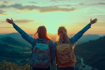 Fototapeta premium Two friends celebrate a beautiful sunset on a mountain with arms raised in joy